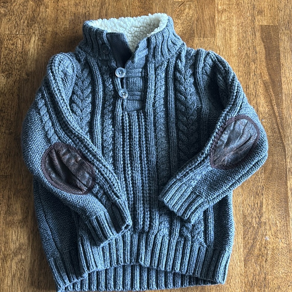 Baby Gap Grey Sherpa Collar Sweater with faux leather elbow patches 4T
